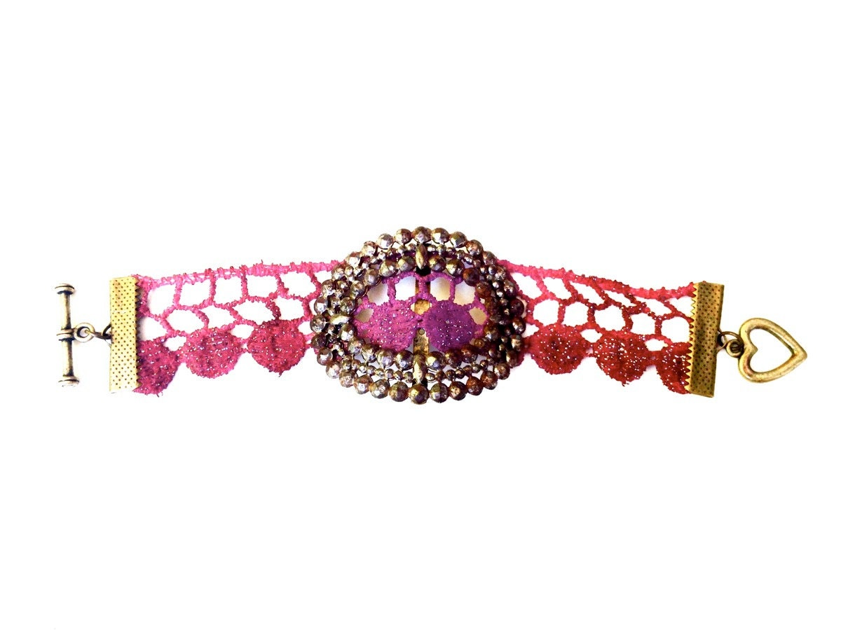 Lace Bracelet Oxblood Burgundy Red Purple Hand Painted - Vintage Metal - WhiteBearAccessories