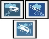 Vintage Airplane Bi-Plane Boys Nursery Art Print Set of 3 10x8"