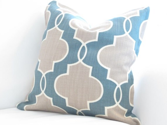 Modern Geo Teal and Tan Trellis Throw Pillow, 16x16 inch decorative