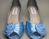 Wedding Shoes -- Capri Blue Satin Peeptoes with Blue Rosette Flower