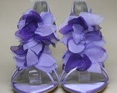 Custom Wedding Shoes -- Freesia Wedding Wedges with Freesia and Royal Purple Ruffle T-Strap Adornment
