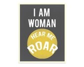 Inspirational Wall Art Typography Art Print I Am Woman Hear Me Roar Dorm Room Decor 8x10 Yellow