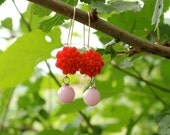 Red Earrings Resin Flower Cabochon with Pink Bead BEST GIFT Bridesmaid Wedding Jewelry