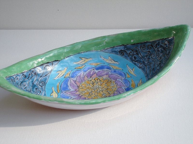 handpainted blue and green ceramic pottery majolica dish