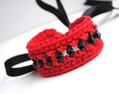 Crocheted bracelet, red cotton and black chain, spring, cuff, Valentine's Day gift for her