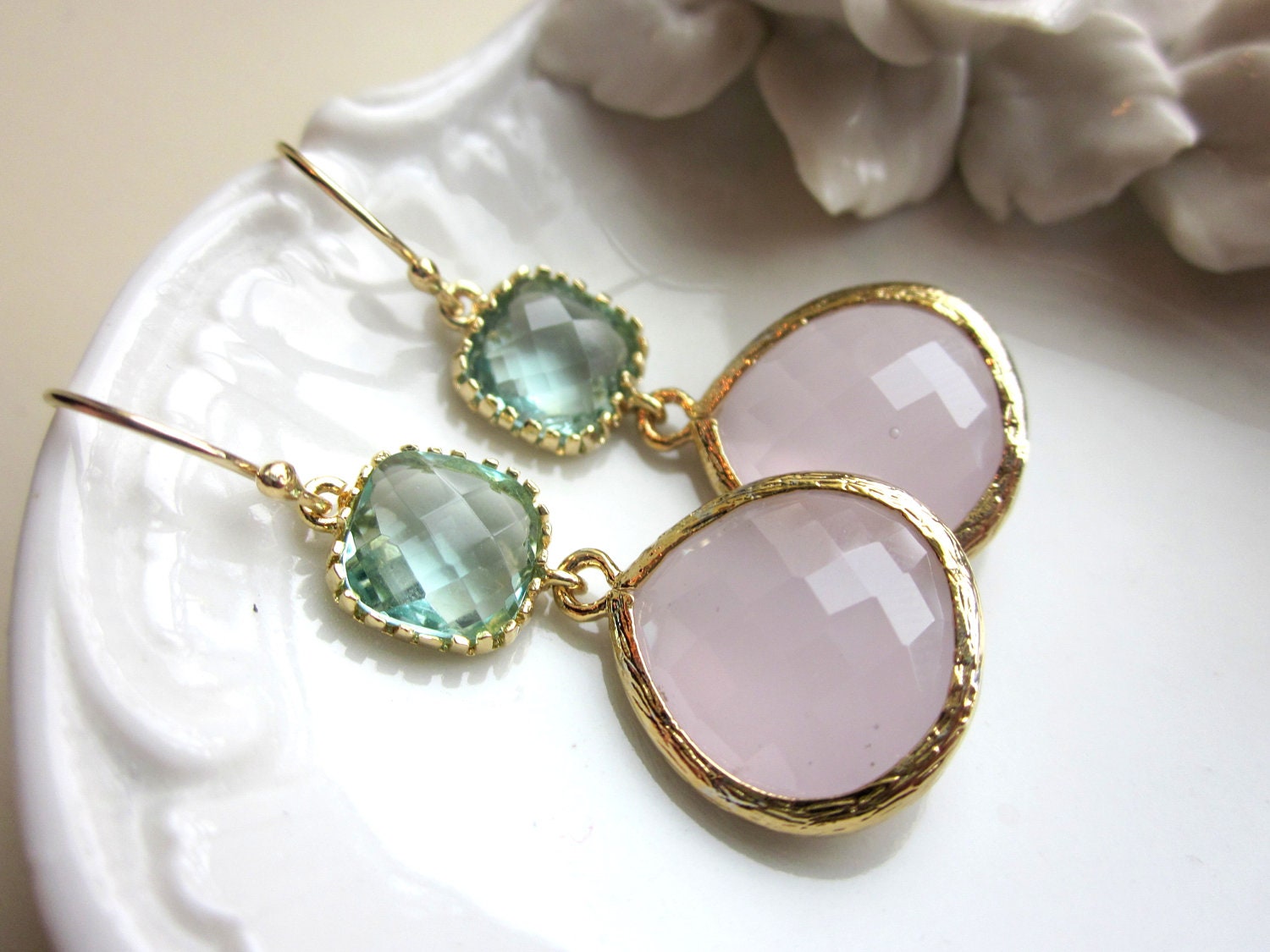 Large Pink Opal Earrings Gold Prasiolite Green Two Tier -  Bridesmaid Earrings Wedding Earrings Christmas Gift