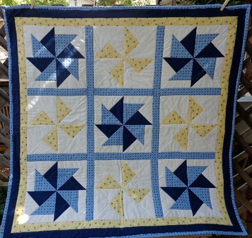 Blue Yellow Pinwheels and Whirligigs Baby Toddler Quilt