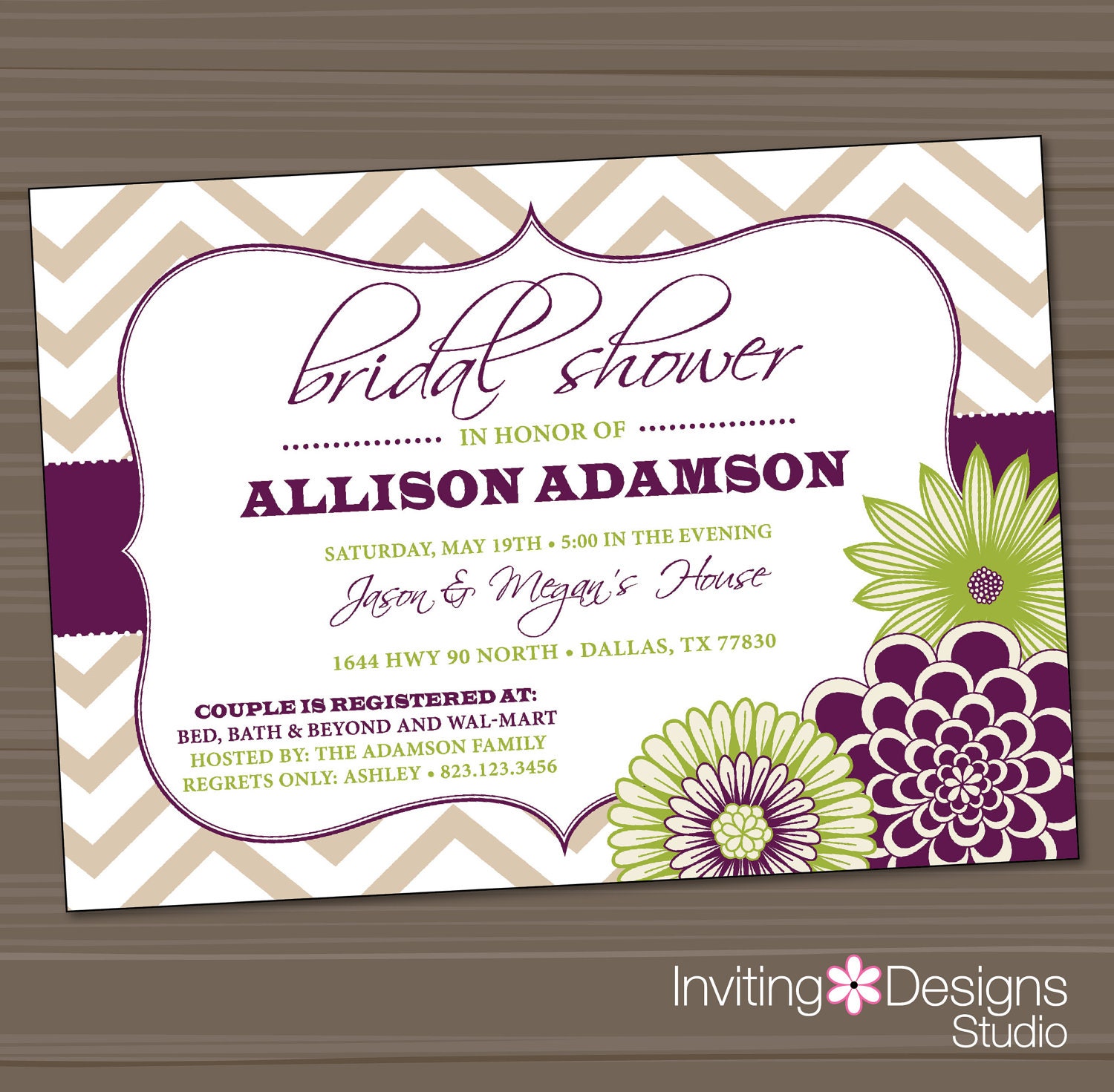 Printable Wedding Shower Invitation, Bridal Shower Invitation, Purple, Green