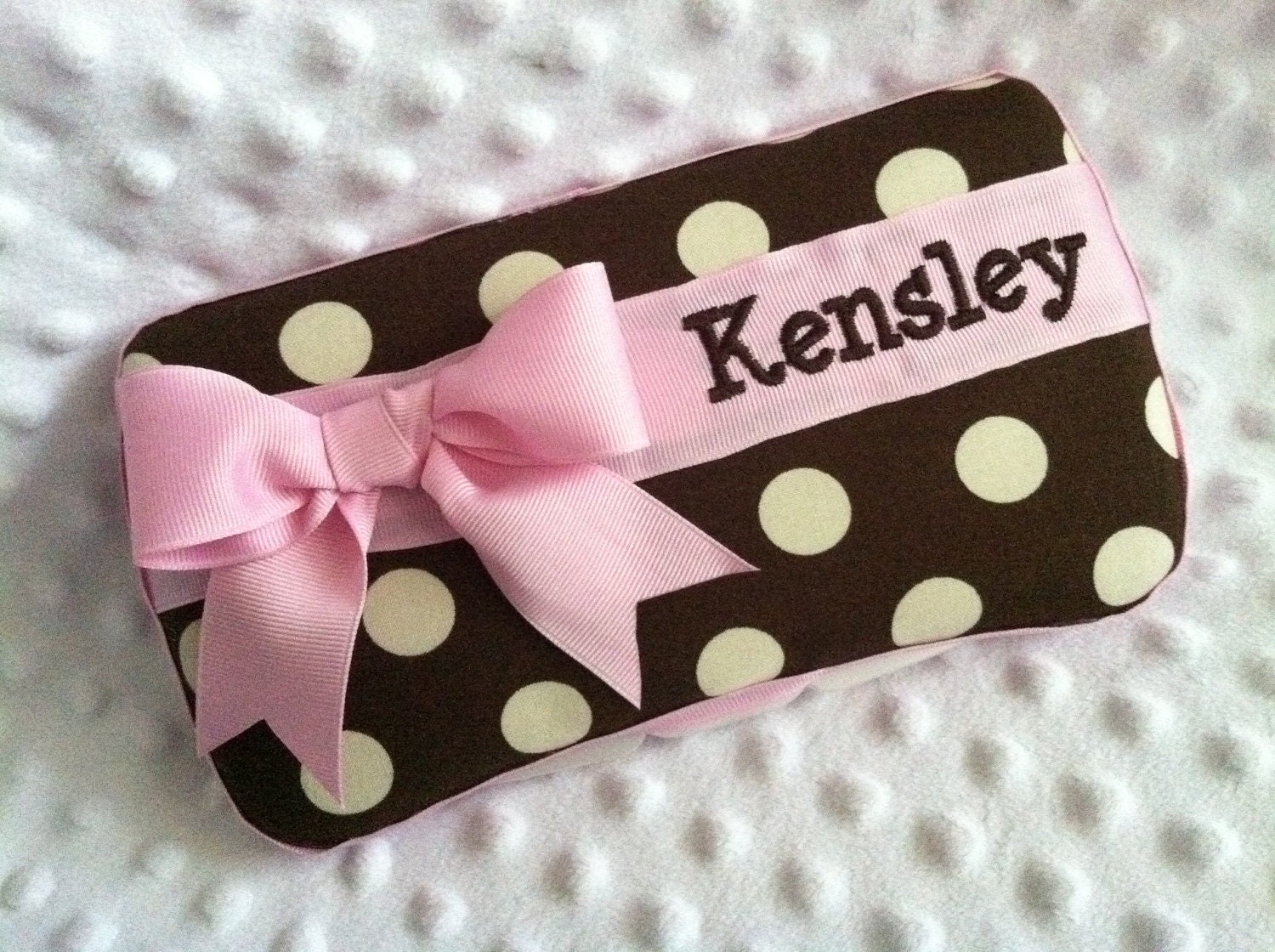 Custom Chocolate Brown & Cream Polka Dots with a Pink Bow and Name Embroidered Boutique Diaper Baby Wipes Case