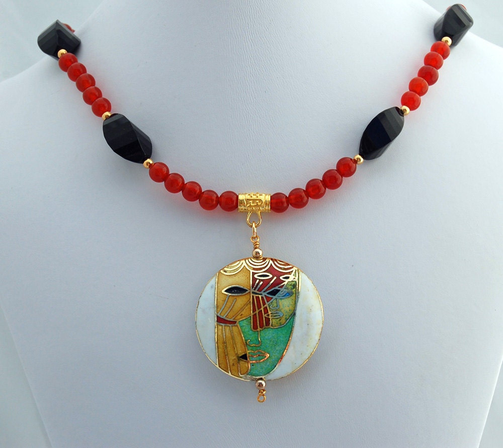 Obsidian, Cloisonne & Carnelian Necklace - Pendant - Statement Necklace - Red and Black Necklace - Cloisonne