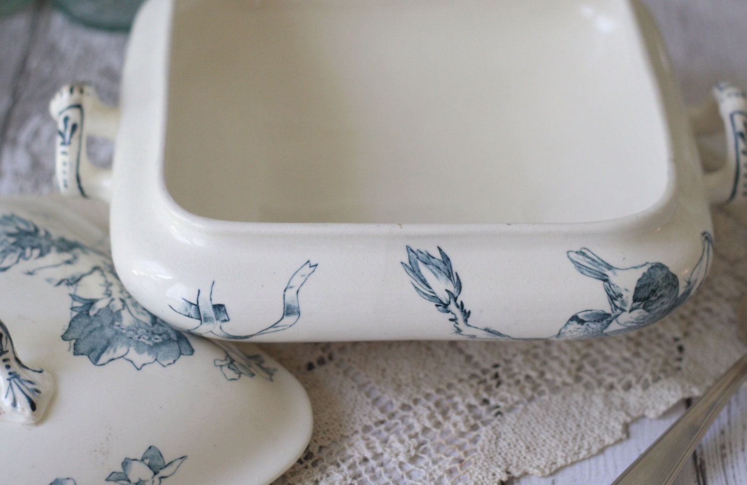 RARE - Antique French Terre de Fer (Ironstone) Covered Casserole Dish - Birds/Floral - circa 1890's