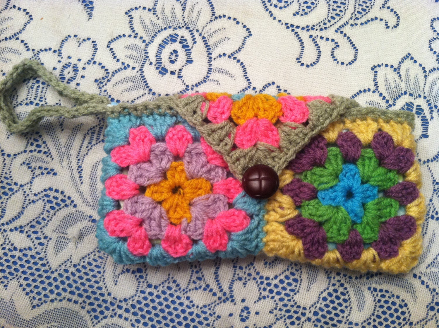 Bright Multicolor Crochet Granny Square Lined Wristlet