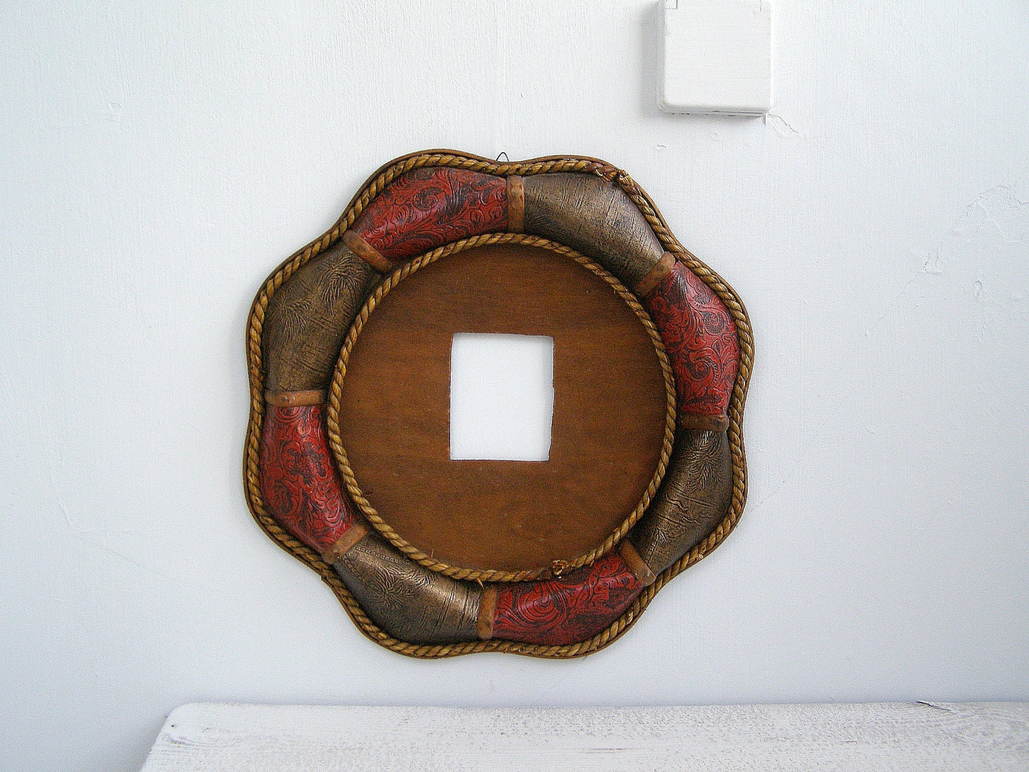Vintage Ornate Leather Frame, Folk art Flower clock frame, picture frame, unique frame, Christmas gift, Autumn, red and brown,ooak