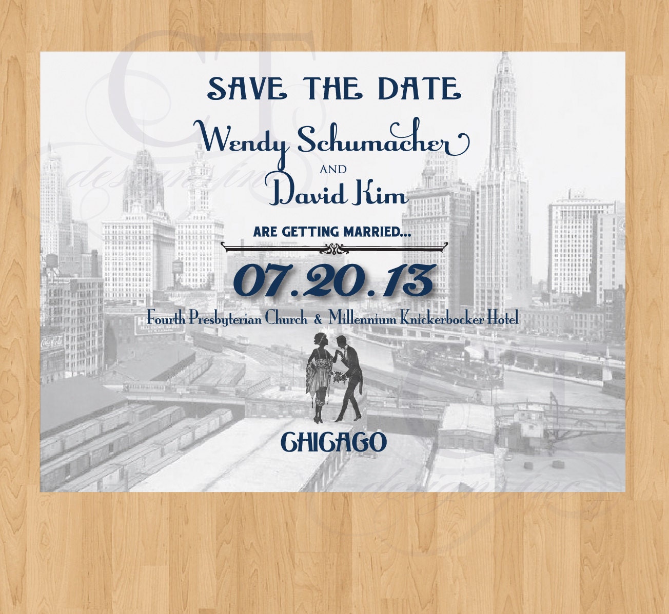 Chicago Vintage Save the Date with BW 1940s skyline and vintage couple silouhette - Printable DIY