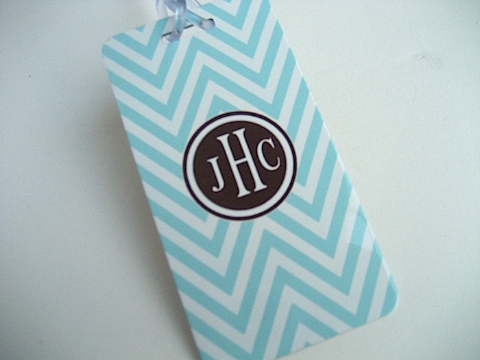 Luggage Tag - Tiffany Blue and White Chevron Custom Monogram Luggage Tag - Personalized Luggage Tag - Travel Tag - Your Monogram