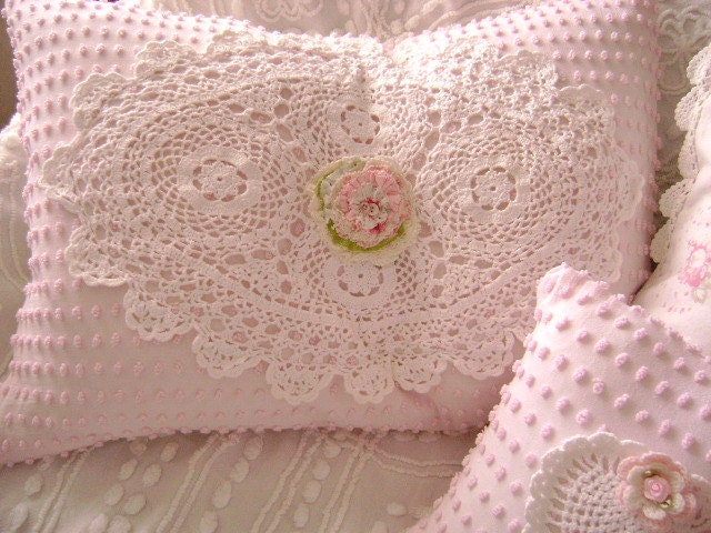 Vintage Chenille Feather Pillow - Sweet Baby PINK Chenille, White Linen and Lace -Large 28" x 20" Queen Down Feather Pillow