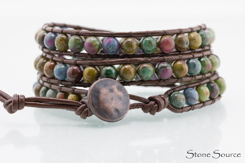 Leather Wrap Bracelet - Dark Ruby Fushite - Chan Luu Style