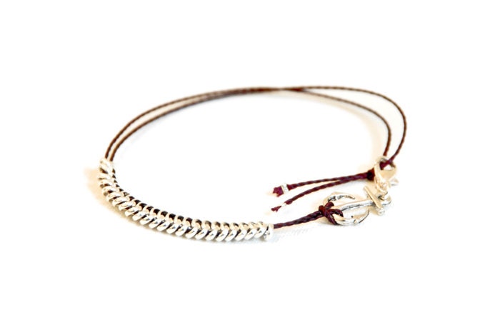 bracelet minimal bling eggplant cord silver plated chain anchor