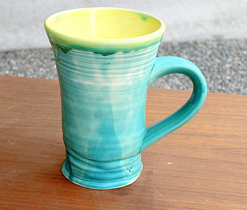 Lemon yellow and turquoise big porcelain ceramic mug, minimal kitchen tableware.