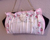 Vintage Hankie Clutch Purse Pink Roses Bling Shabby Chic Cottage Pink Roses Old Jewelry TREASURY ITEM