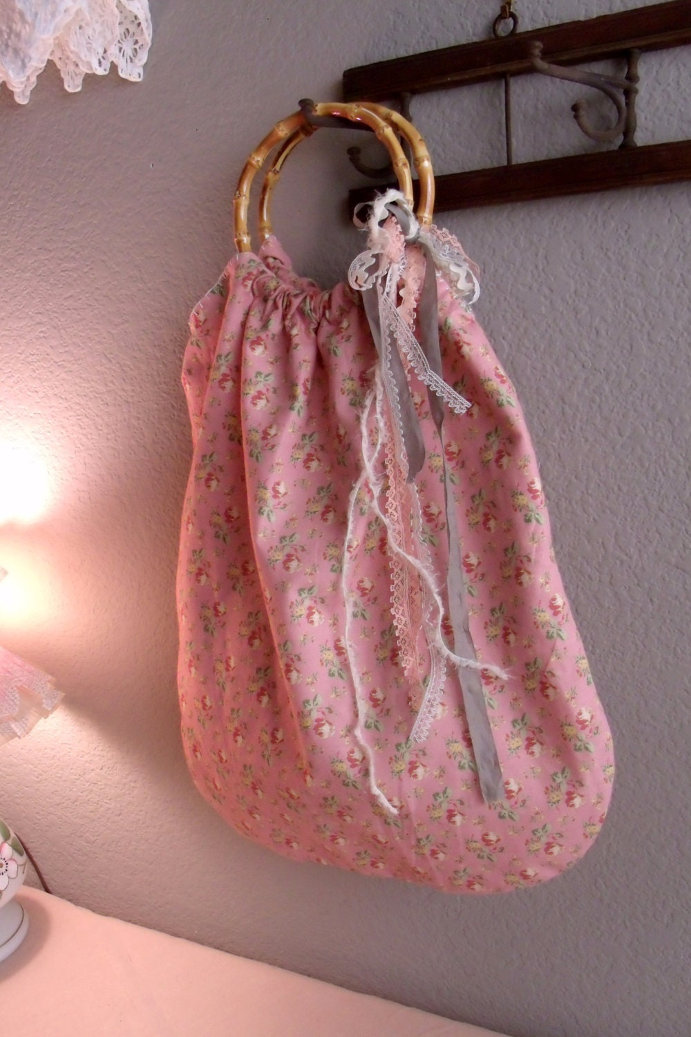 Handsewn Feedsack Shopping Tote Reusable Knitting Bag Shabby Chic Floral, Peg Hanger, Prim Rustic