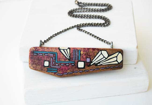 Abstract Walnut Wood Necklace OOAK Wearable Art Geometric Necklace Jewelry
