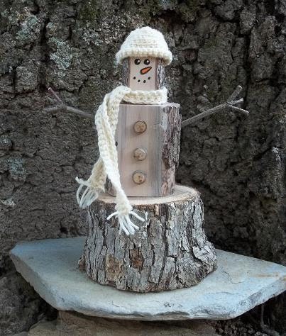 Handmade Log Snowman Hand Crocheted Hat & Scarf