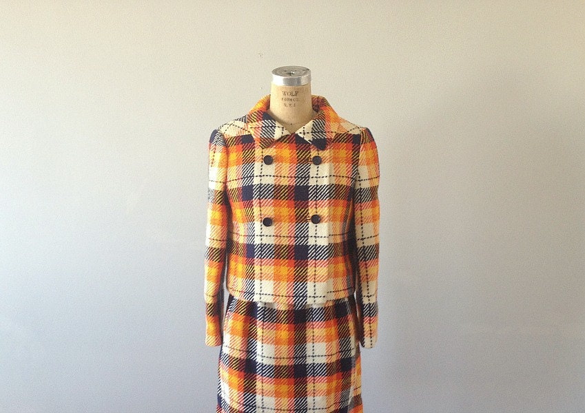 60s wool suit . 1960s plaid suit . jacket and skirt