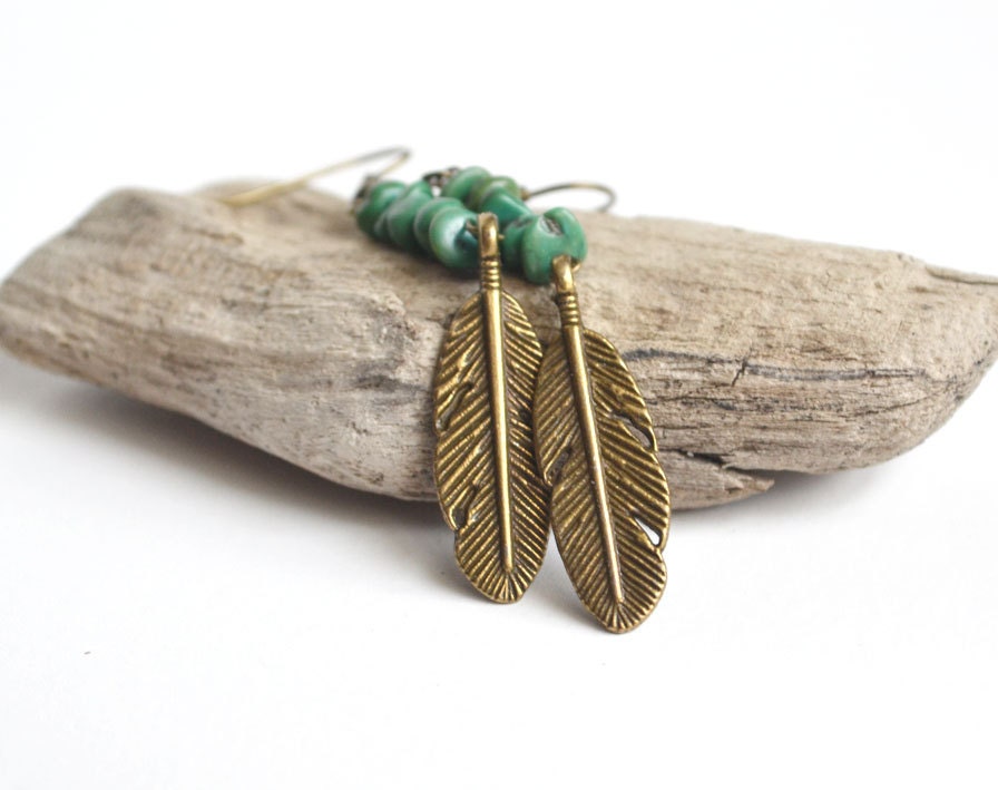 Woodland Feather Earrings. Turquoise Earthy Jewelry. Nature Inspired Jewelry. Feather Charm Turquoise Chips.Canadian Shop