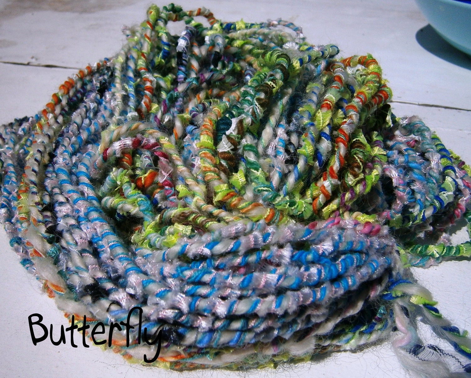 Handspun Art Yarn - Wool Blend - Super Bulky Weight - Embellished Single Ply - Butterfly - Item 2012.149