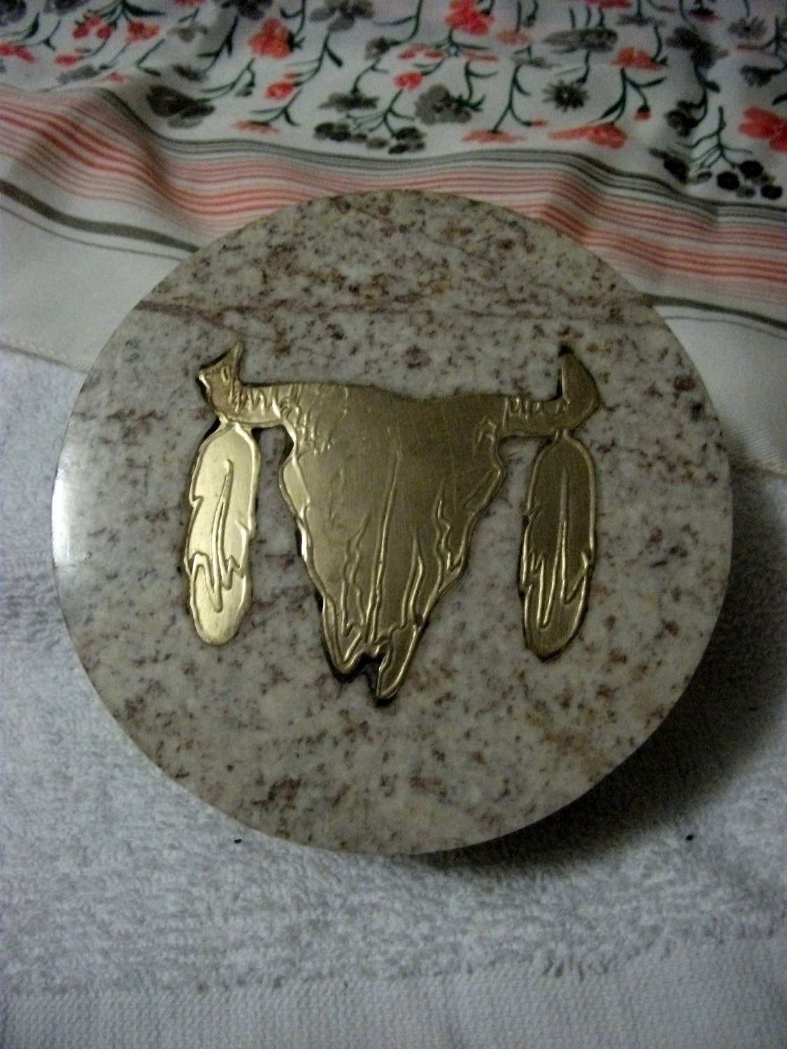 Vintage Round Stone Trinket Box with Brass Skull and Feathers Inlay VERY Unusual Style ONLY 10 USD