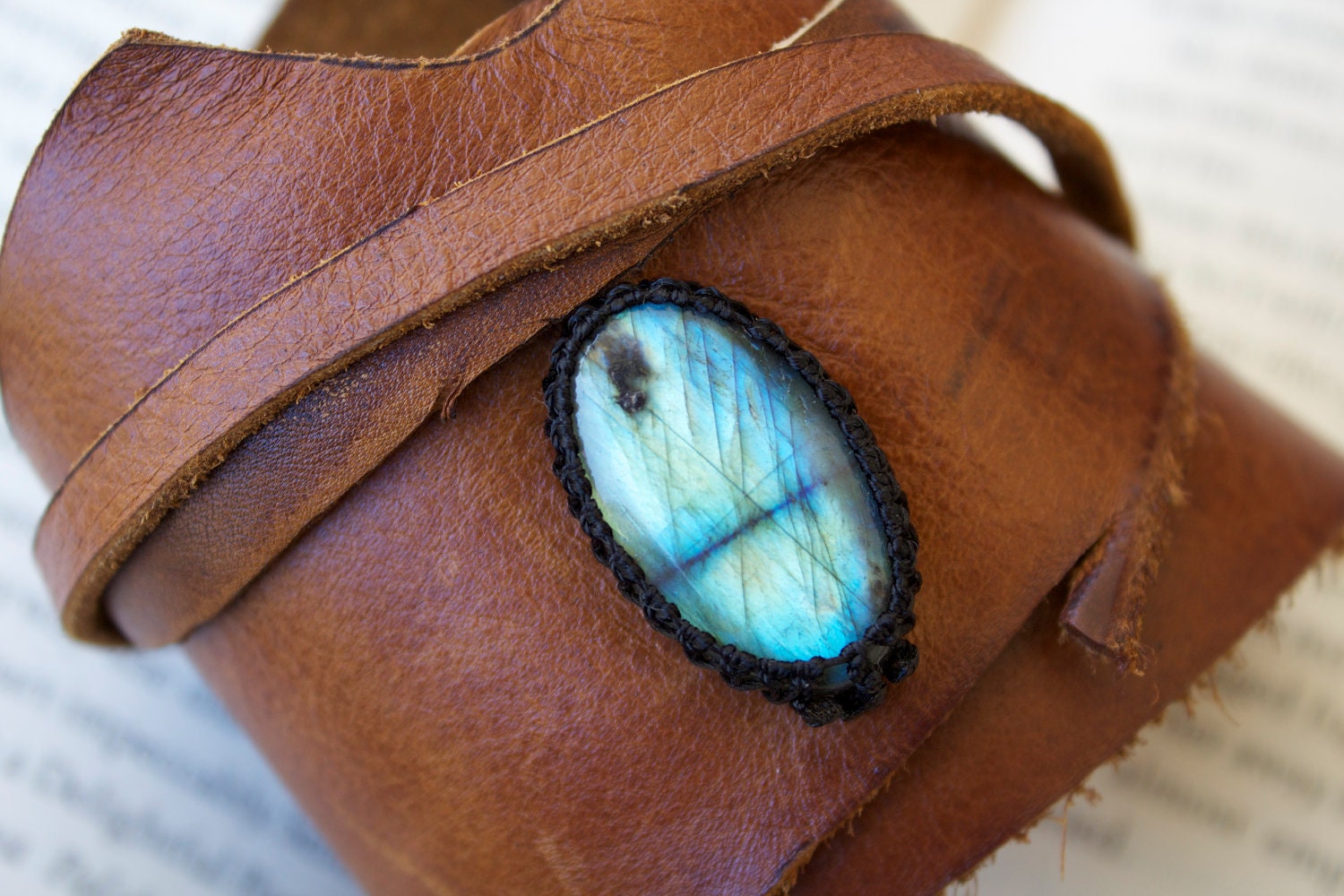 Leather Cuff Wrap Bracelet and Macrame Labradorite Semi Precious Stone Bracelet - Hippie Style (Stone for creativity and dreamers)