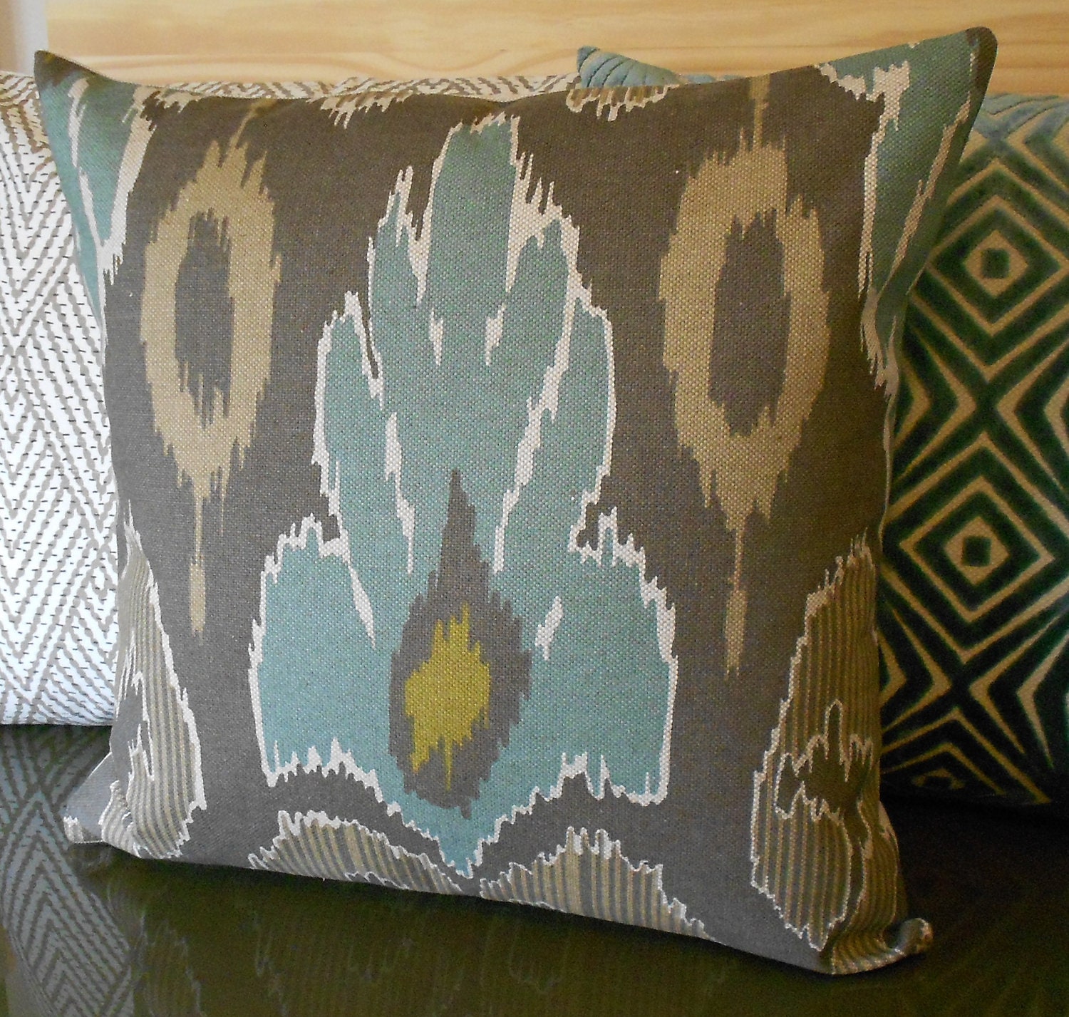 Ikat decorative pillow cover, spa teal blue, brown and grey, throw pillow