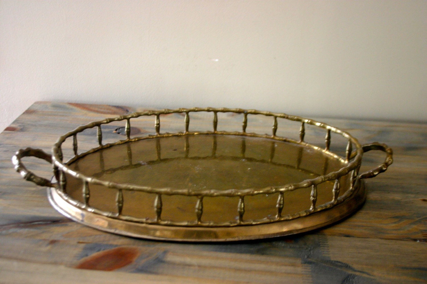 Vintage Round Brass Bamboo Tray