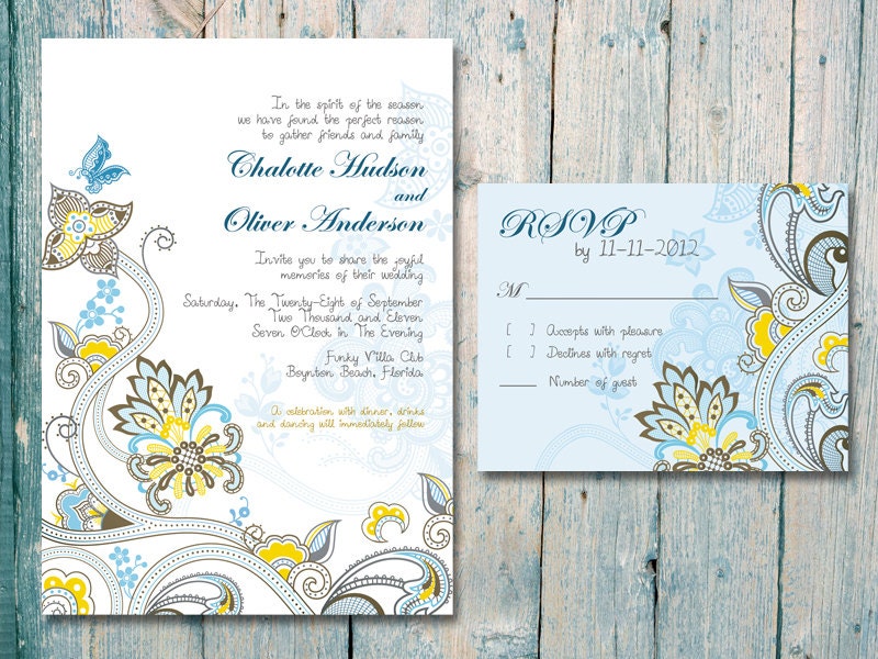 Blue Flowers and Butterfly Wedding Card Set - Wedding Invitation and Reply Card