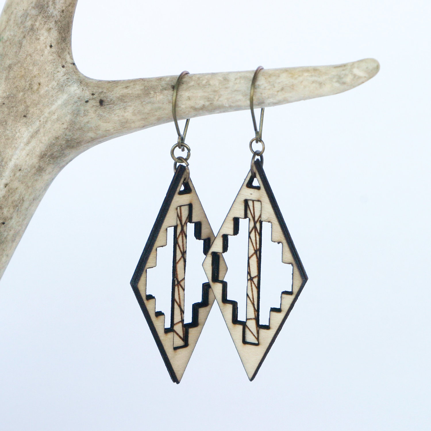 Cool Geometric Diamond Cut-Out Southwestern Handmade Wood Earrings (0031)