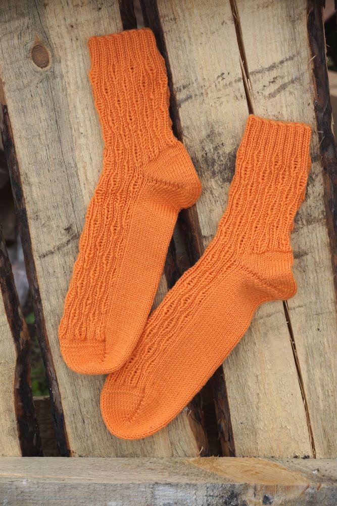 Hand knit women Socks orange Country autumn fashion rustic brown Halloween merino wool fishnet for her