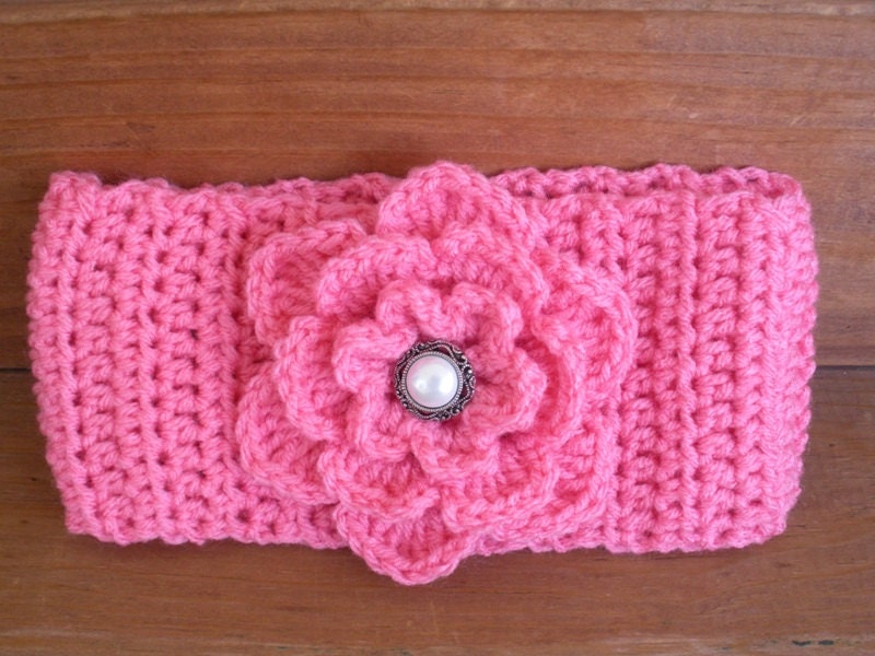 Womens Headband Crochet Headwrap Winter Fashion Accessories in Hot Pink with Crochet Flower