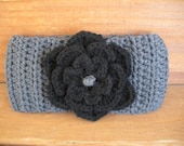 Charcoal Gray Crochet Headband Winter Fashion Hair Accessories Womens Headwrap with Black Crochet Flower