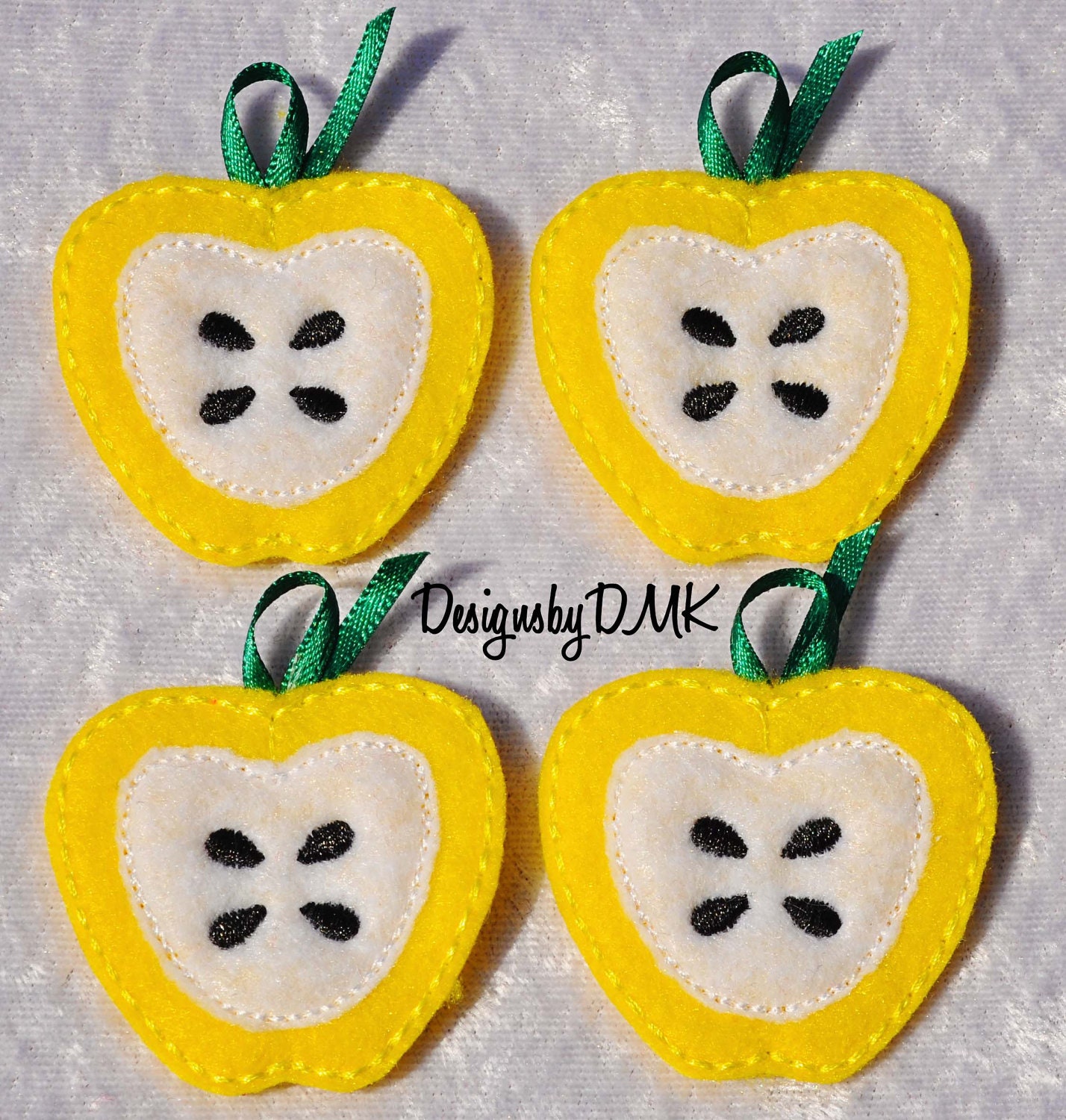 Golden Delicious Apples on Yellow Felt Embroidered Embellishment Clippie Cover SET of 4