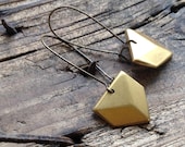 Rustic Golden Earrings with patina Geometric arrowhead style drop shape in antiqued brass