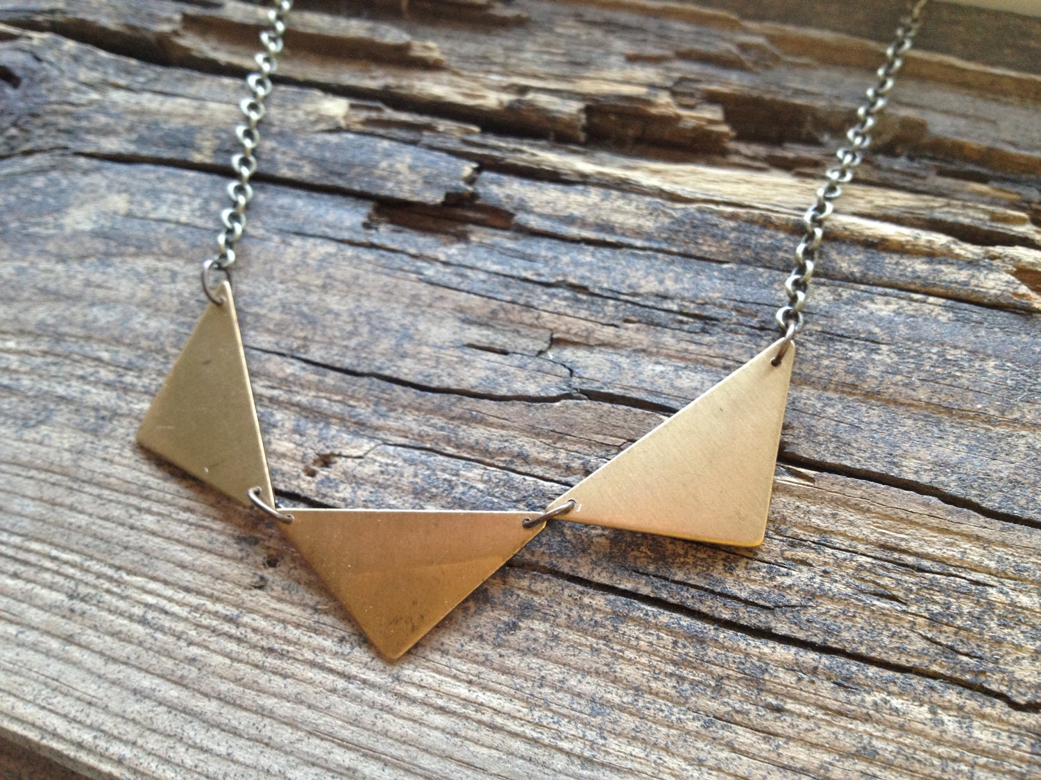Triple Triangle Necklace Tribal Aztec Rustic Golden Brass and Antiqued brass Chain Adjustable