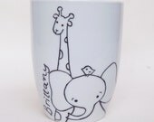 Giraffe and Elephant, zoo friends hand painted white porcelain mug