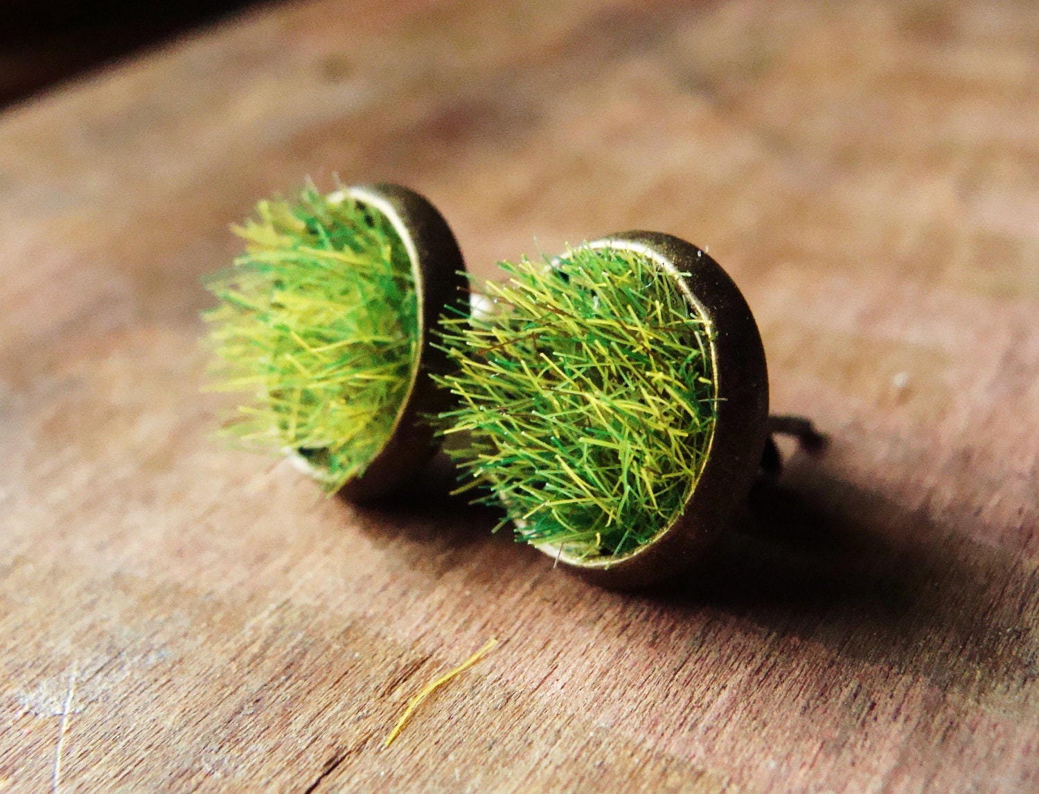 Green Grass Stud Earrings in Tarnished Bronze Round Bezels - aptoArt