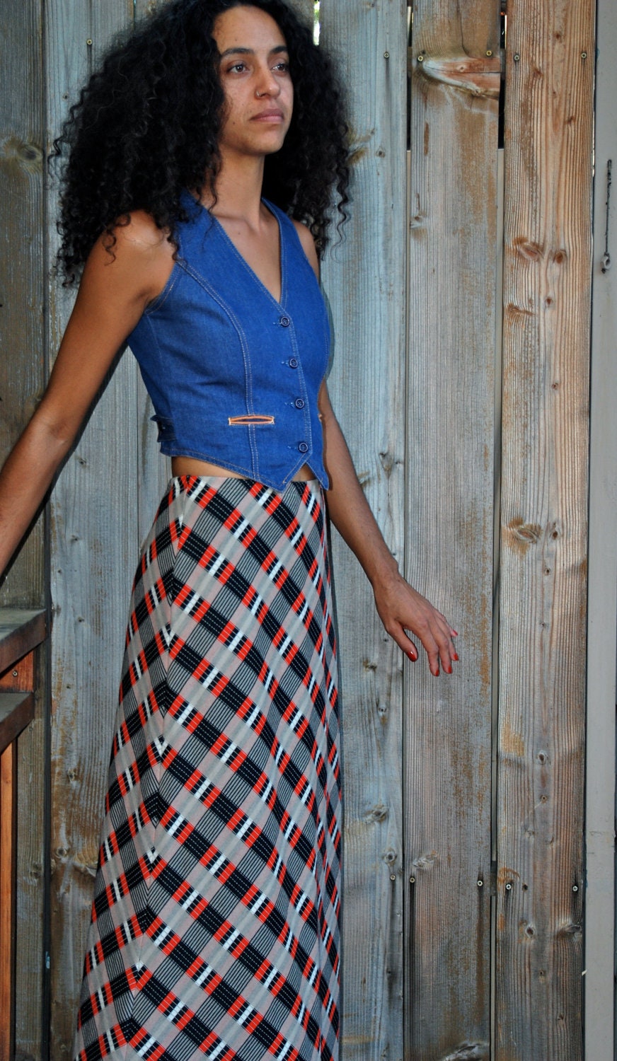 Womens maxi skirt, chevron plaid, thick knit for cool weather, red, navy, beige, 1960 - 1970.