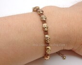 Glod Tone Skulls bracelet, Brown Leather Rope Ghostly Skulls Bracelet, Day of The Dead