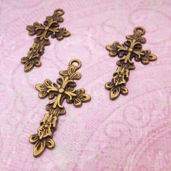 SALE - (1 Piece) Antique Brass Crusade Style Cross Charm Pendant Rosary 46mm - Jewelry Findings- BeadCoNet