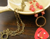 Red Enamel Necklace, Red Pendant Necklace, Long Bead and Chain Necklace