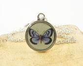 Butterfly Necklace, Purple Green Silver Pendant Necklace, Rustic Resin Insect Charm Jewelry