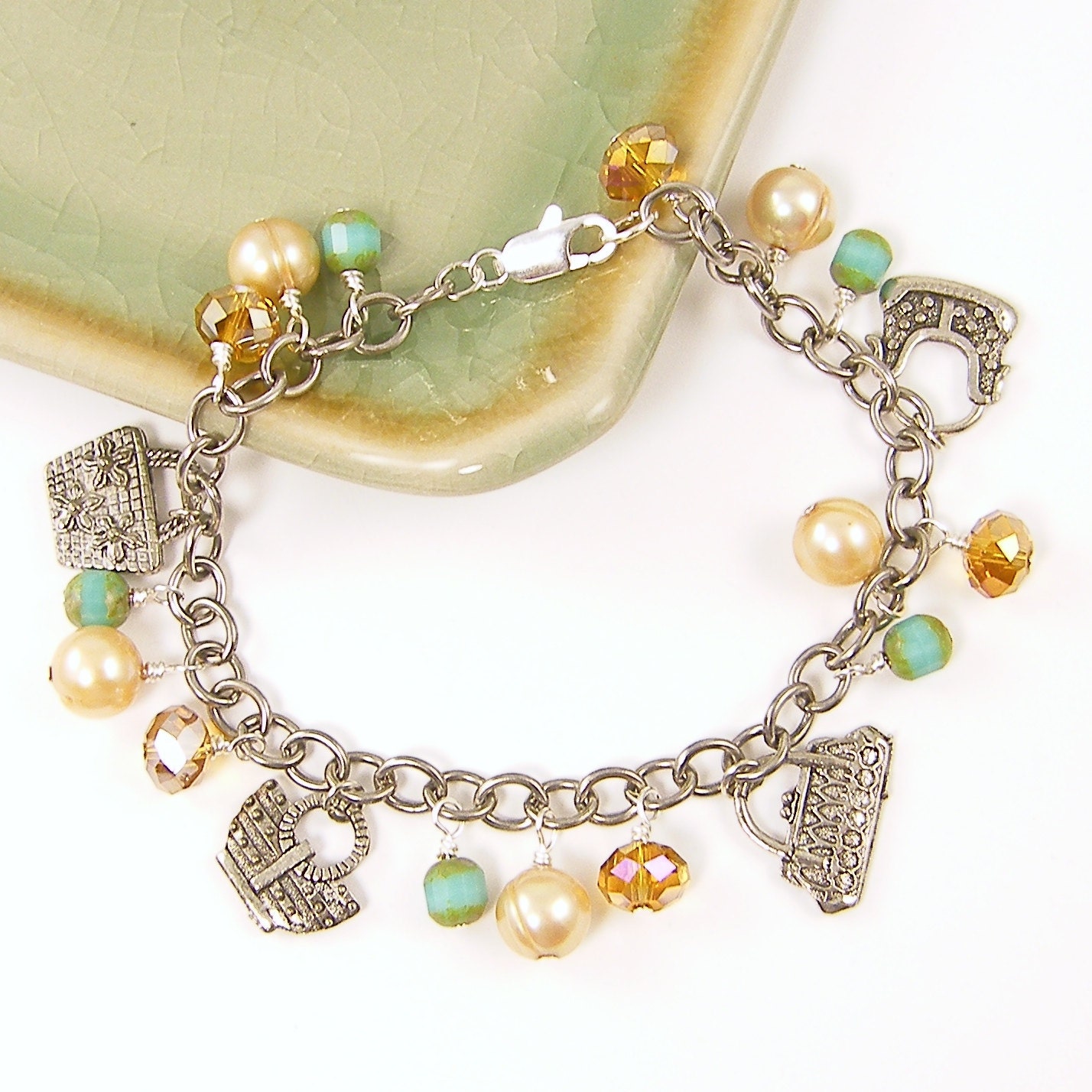 Charm Bracelet - Yellow Pearl Aqua Bead Purse Charm Handbag Bracelet Fashion Silver Chain Under 50 for Her